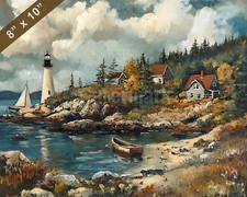 Bar Harbor with lighthouse oil painting 8x10 Print
