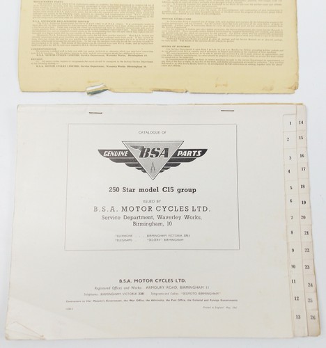 1961 BSA de Rechange Parties Catalogue Livre 250 Star Modèle C15 Groupe - Picture 2 of 3