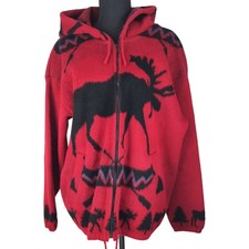Earth Ragz Large Wool Red Hooded Zip-up Sweater Jacket With Moose & Tree Pattern