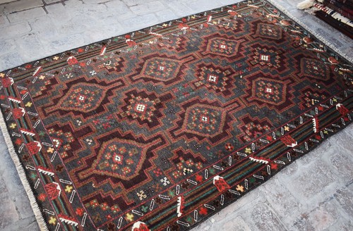 Navy Blue Afghan Baluchi Area Rug 4x7 ft Hand Knotted Geometric Nomadic Wool Rug