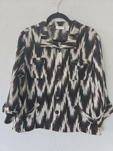 $89 Chico's Luda Linen Shacket Large Women Ikat Brown Tan Aztec Button Up New - Picture 2 of 13