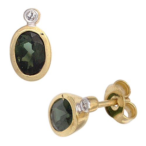 Orecchini Con Tormalina Verde Ovale E 2 Diamanti In Oro Giallo 585, Donna