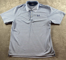 Under Armour Polo Shirt Mens XL Blue Striped Heat Gear S/S Logo Golf - FLAWS*