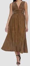 Guess Women Gold Chiffon Metallic Deep V-Neck Sleeveless A-Line Dress Size 4