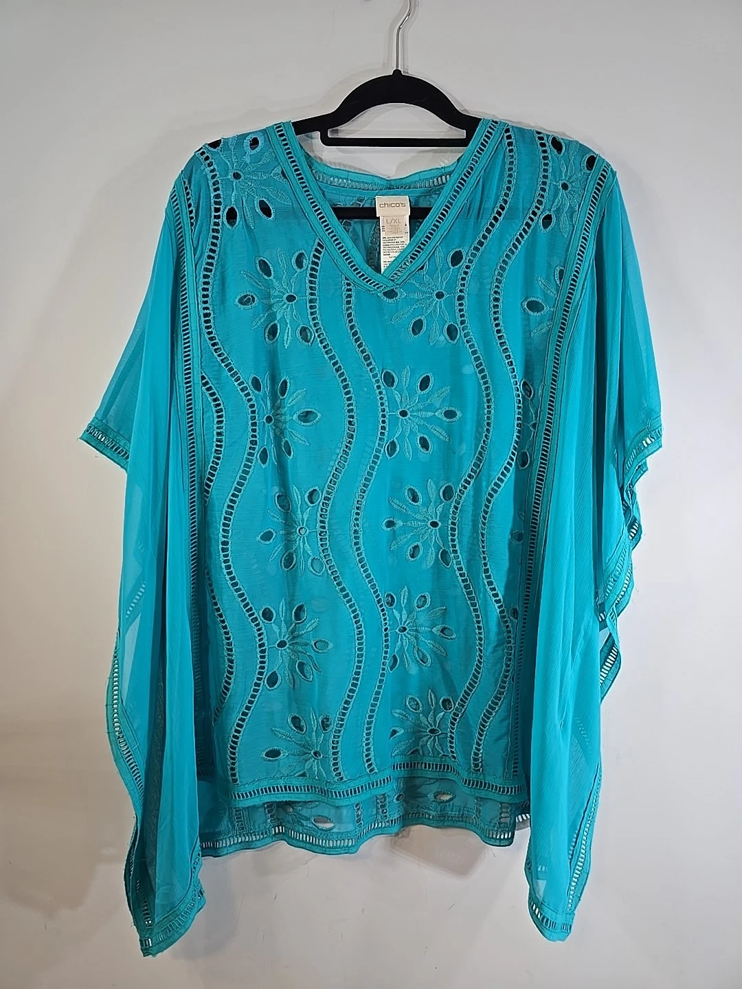 Chicos Eyelete Poncho L/LX. Covering Ruana Azul Isle