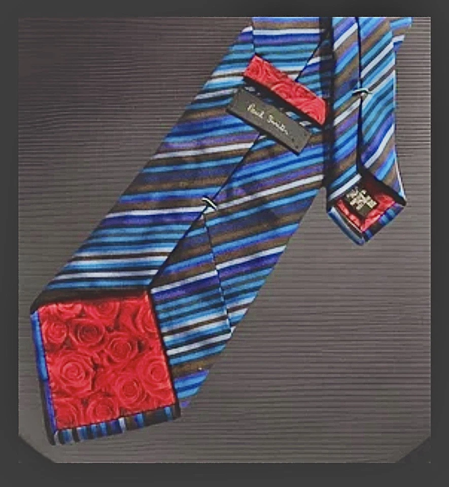 Corbata de seda para hombre Paul Smith azul multi rayas 59” hecha a mano diseñador lujo Italia Foto 4 de 4