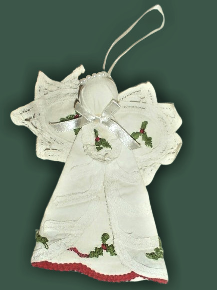 HANDMADE WHITE LINEN CHRISTMAS ANGEL ORNAMENT GREEN HOLLY EMBROIDERY TRIM 6"