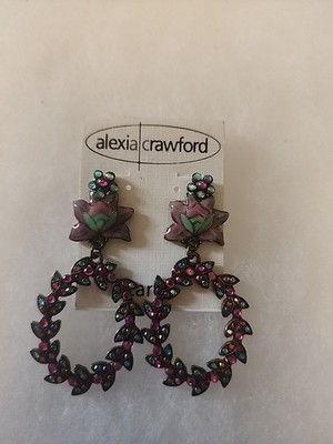 Alexia Crawford Designed Earrings With Multicolored Stones And Painted Flowers.