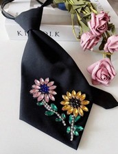 Floral Crystal Embellished Clip-On Black Tie, Adjustable Neck Accessory