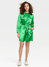 A New Day Green Satin Shiny Long Sleeve Dress with Tie Pockets Size M Spring