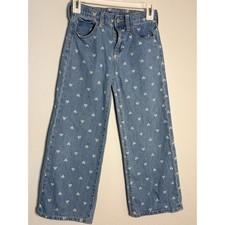Old Navy Girls Blue Heart Print Baggy Wide Leg Jeans High Rise Size 10 Denim