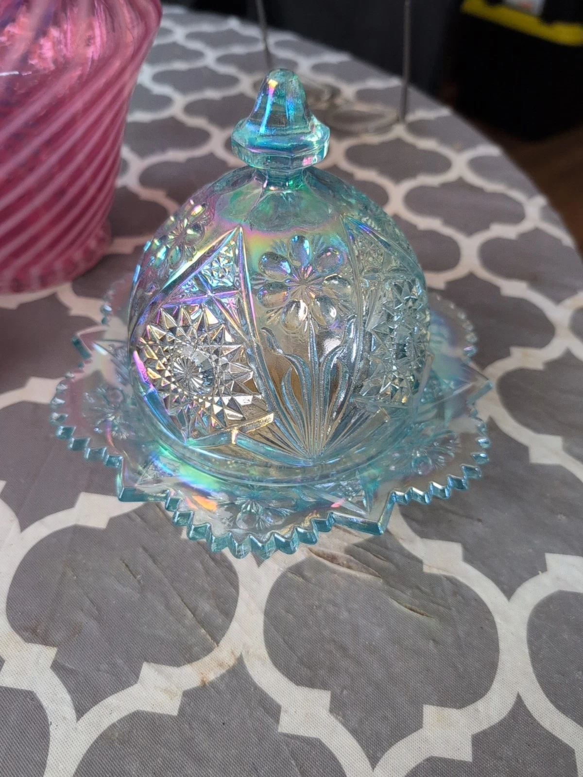 Vintage 1970s Imperial Rare Butter Dish w/Dome Handmade USA Blue Irredesent