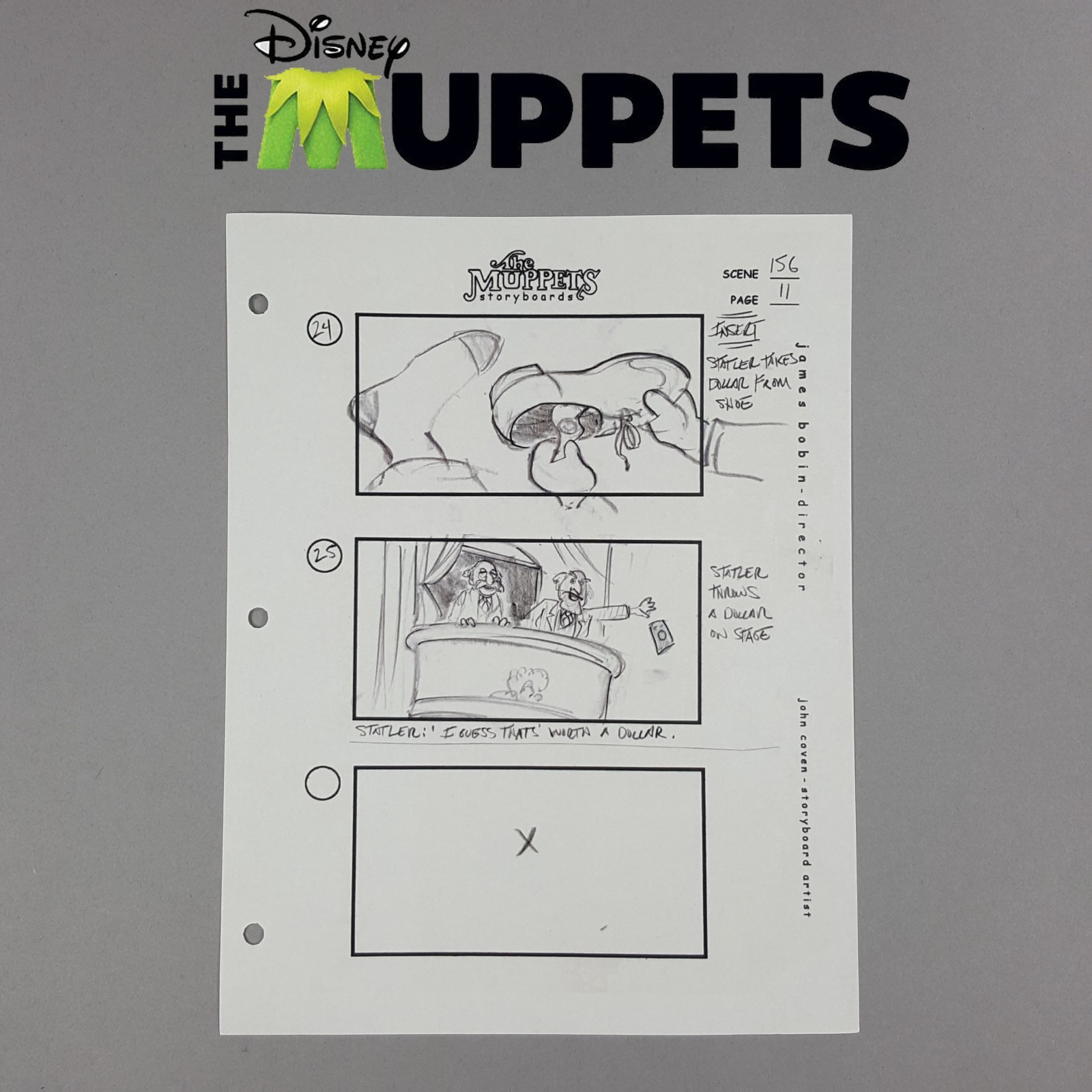 The Muppets (2011) - Production Used Storyboard, Statler Drops a Dollar Down COA