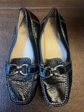Geox Women s Black Patent Leather Slip-On Loafer Flats 6.5 Metal Bit Square Toe