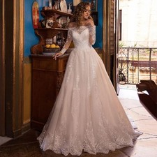  A Line Boat Neck Wedding Dresses Full Lace Appliques  Floor Length Bridal Gowns
