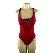 1990s Vintage Swimsuit Size S Red Waffle Knit High Cut One Piece Grunge Punk