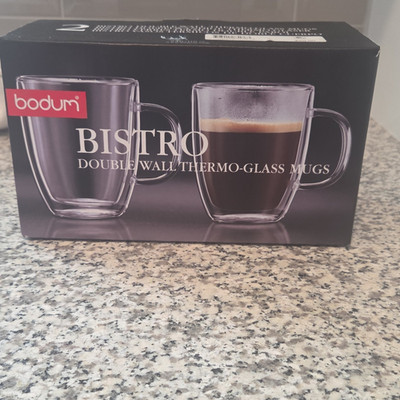 BODUM Bistro Double Wall Clear Glass Mugs Set of 2, 12 oz, Dishwasher Safe