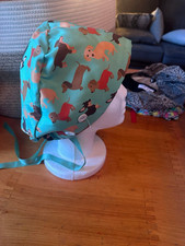 Handmade Turquoise Multicolor Dog Print Cotton Tie-Back Medical Scrub Cap, OS