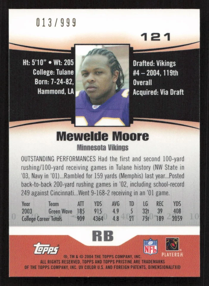 2004 Topps Pristine Mewelde Moore #/999 #121 Card - Image 2 of 2