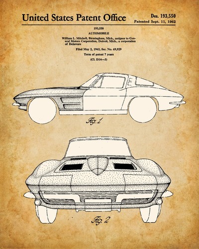 Corvette Patent Prints Set of 4 – 8x10 Unframed Posters for Man Cave Car Lovers - Picture 3 of 7