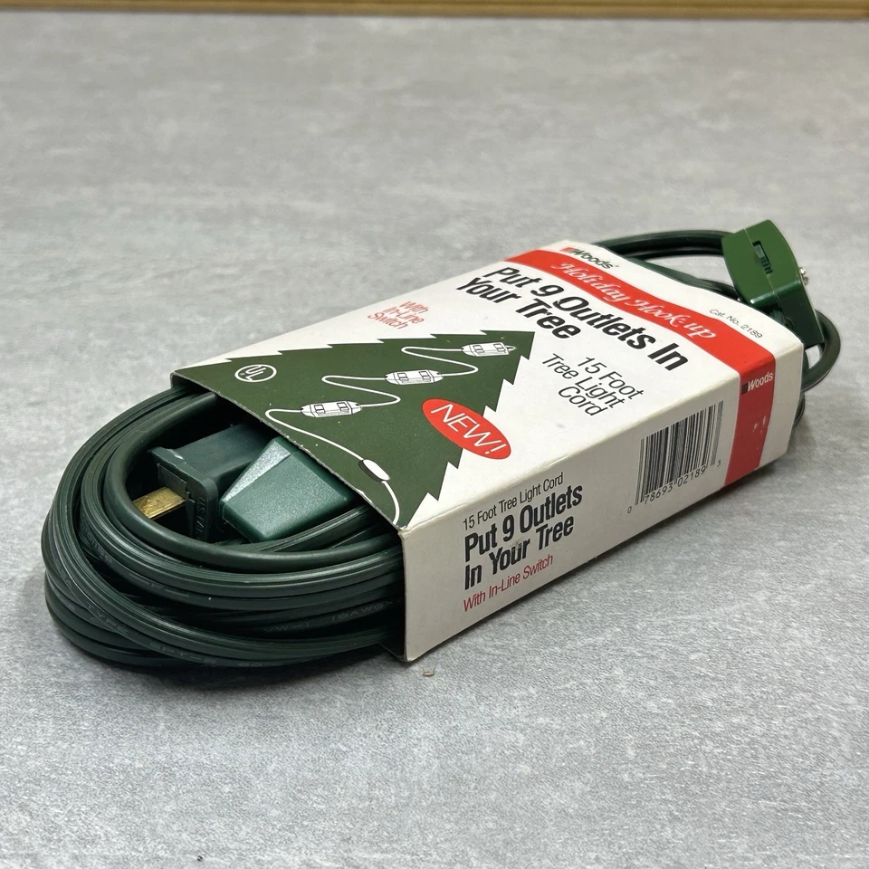 Woods Holiday Hook-Up 15 Foot Tree Light Cord, 9 Outlets, In-Line Switch, Green - Image 2 of 4