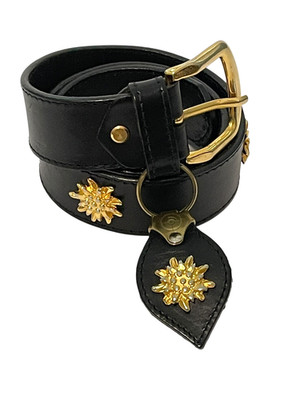 Vera Pelle Black Leather Belt Gold Edleweiss Flowers w/ Fob Italy Womens S 34''