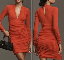 NWT Anthropologie Deep V-Neck Ruched Mesh Mini Dress, Size M