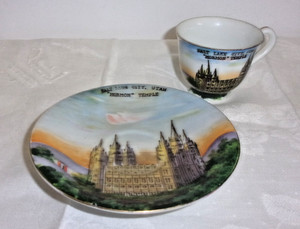 VINTAGE SALT LAKE CITY UTAH MORMON TEMPLE CUP AND SAUCER 1950'S