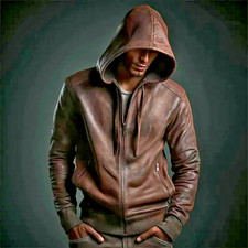 Men s Genuine Brown Leather Hooded Jacket Casual Zip Hoodie Biker Style