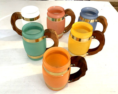 6 Siesta Ware Pastel Frosted Bar Mugs with Wooden Handles Vintage