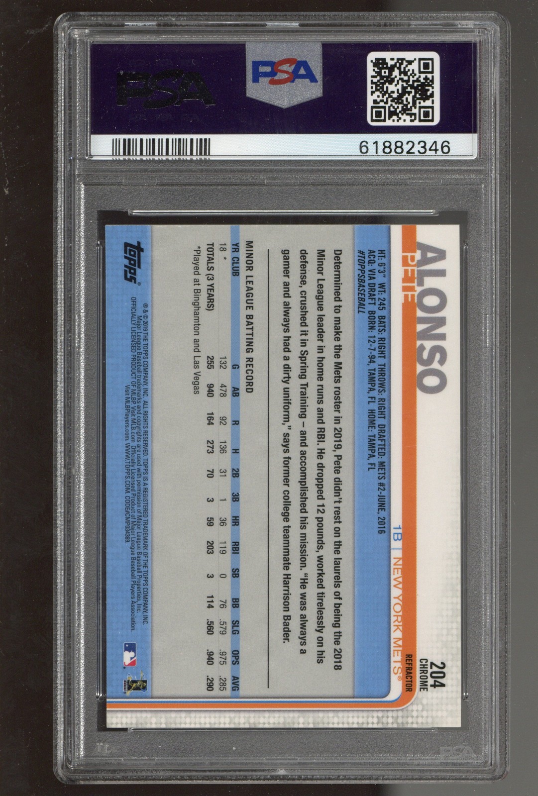 2019 Topps Chrome #204 Pete Alonso Pink Refractor Rookie RC PSA 10 view 2