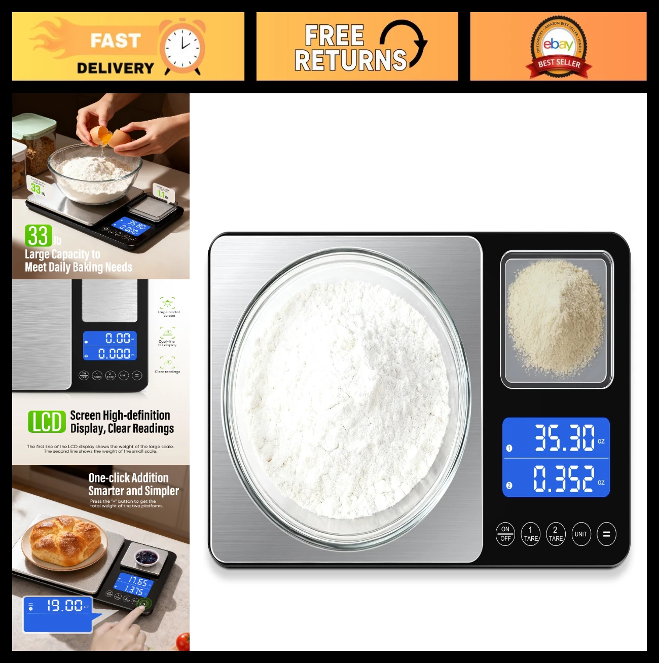 Digital Kitchen Scale Set - 33 lb Large & 1.1 lb Mini, Dual-Line LCD, Stainless