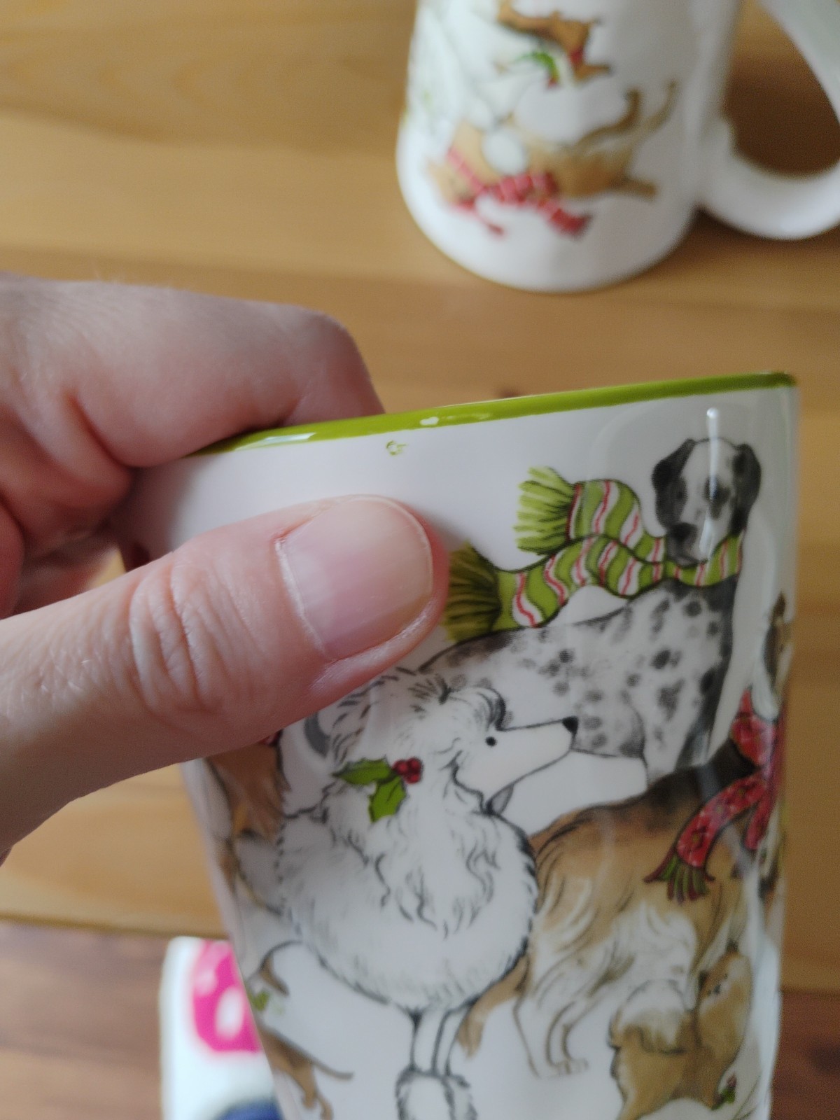 Pier 1 Imports PARK AVENUE PUPPIES 14oz Mug Christmas Winter Dogs Green Trim