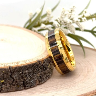 8mm Yellow Gold Tungsten Engraving Ring Wood Inlay Polished Edges Christmas Band
