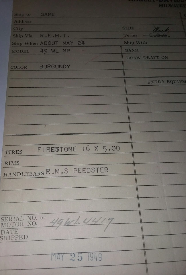 1949 WL FLATHEAD HARLEY DAVIDSON DOMESTIC SALES ORDER Foto 3 de 4