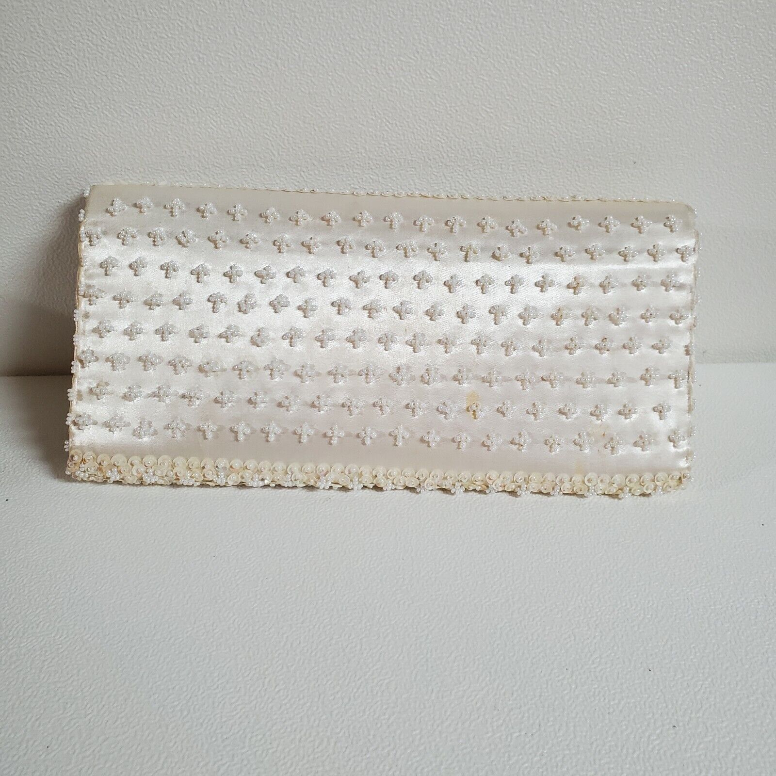Vintage White Satin Beaded Evening Clutch Purse H… - image 2