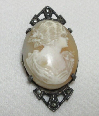 VINTAGE STERLING SILVER CARVED SHELL CAMEO BROOCH PIN PENDANT w ...