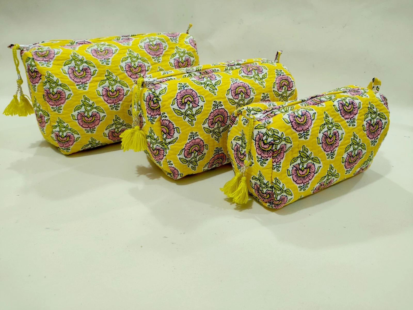 3 PC Set Women Yellow Floral Cosmetic Bag Makeup Case Pouch Toiletry Travel Bags