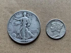 Lot Of 90% Silver Walking Liberty Half Dollar Coin And Mercury Dime 1945