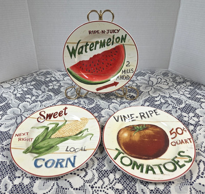 3 Home Trends Farm Fresh 8'' Salad Plates Sweet Corn  Watermelon Tomatoes Vintage