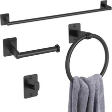 Matte Black 4-Piece Bathroom Hardware Set Towel Bar Ring Hook Toilet Paper Holde