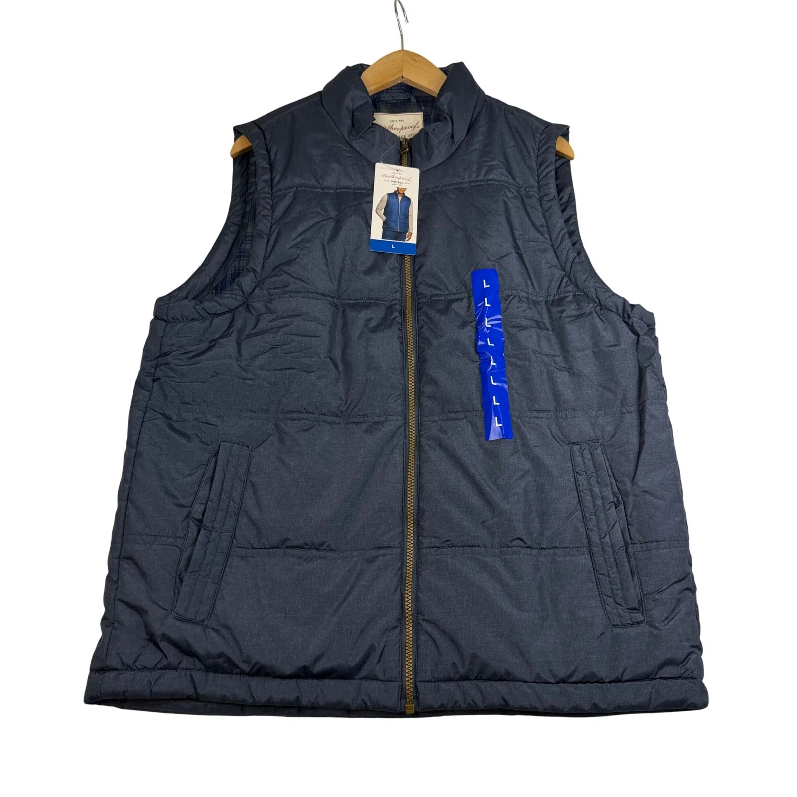 Weatherproof Vintage Mens Puffer Vest Navy Blue Quilted Flannel Lined Large NEW image 1