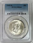 1949-D Silver Ben Franklin Half Dollar, PCGS MS-64, Hard Date, Nearly FBL