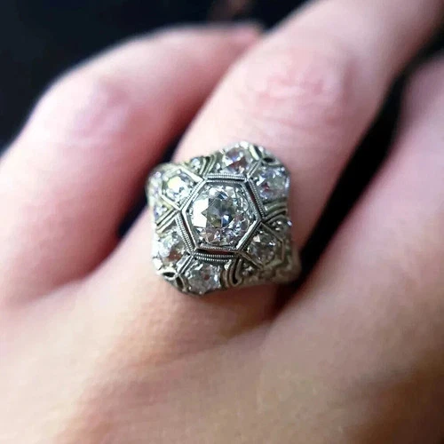 Vintage Art Deco Style Lab Created Diamond Engagement 14k White Gold Finish Rin