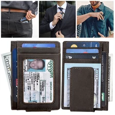 Mens Leather Magnetic Front Pocket Wallet Money Clip Slim ID Credit Card Holder