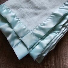 Acrylic Baby Blanket Satin Trim Blue 35 x 50 Stroller Soft Blankie Receiving VTG