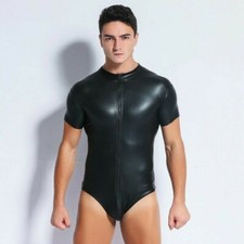 Men Faux Leather Bodysuit Leotard Catsuit Romper Tops Party Club Black Sexy SPW