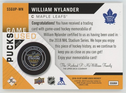 Jeu Upper Deck SP 2018-19 jeu occasion Stadium Series jeu occasion rondelle William Nylander - Photo 2 sur 3