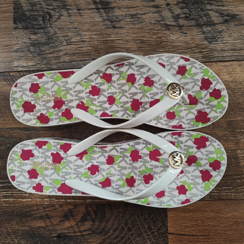 Michael Kors Women’s Bedford Signature White Floral Wedge Thong Sandals Sz 10 - Image 3 of 4