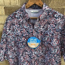 Columbia PFG Shirt Men's Small Super Tamiami Omni-Shade Fishing Red White Blue
